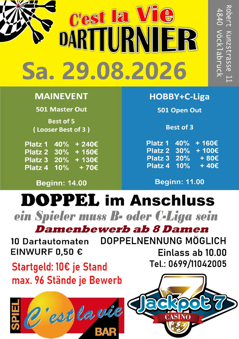 Plakat: C'est la Vie Dartturnier am 29.08.2026